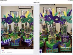 two pictures of mardi gras decorations on top of green and purple boxes with feathers