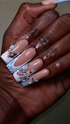 Blue and white long nail inspo #longnails #acrylicnaildesigns #septembernails White Nails With Rainbow, White Long Acrylic, Nails With Rainbow, Milky White Nails, September Nails, Long Nail, Acrylic Set, Rainbow Nails, Rainbow Design