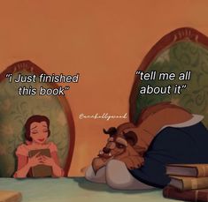 the beauty and the beast is sitting in front of an open book, reading it