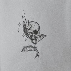 a black and white drawing of a flower with a skull on it's head