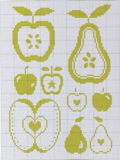 the cross stitch pattern has apples, pears and other fruits in green on white paper