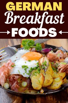 german breakfast foods with eggs, potatoes and ham on a black plate next to a fork