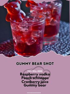 🍬 Treat yourself to a Gummy Bear Shot! 🐻✨ #GummyBearShot #SweetSips Gummy Bear Shot Ingredients: Raspberry vodka (1 oz) Peach schnapps (1/2 oz) Cranberry juice (1/2 oz) Gummy bear (for garnish) Instructions: In a shaker, combine raspberry vodka, peach schnapps, and cranberry juice with ice. Shake well. Strain into a shot glass. Garnish with a gummy bear. 🌟 A sweet and fruity shot perfect for any occasion! 🍬✨ #RecipeInspire #FruityShots #SweetTreats Shots Aesthetic Alcohol, Candy Alcohol Drinks Recipes Jolly Rancher, Gummy Bear Shots Vodka, Tipsy Bartender Shots Recipes, Gummy Worm Drink Alcohol, Drink Recipes Alcoholic, Alcohol Drinks, Gummy Bear Drink Alcohol, Gummy Bear Shots