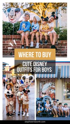 several pictures of children in mickey mouse outfits with the words where to buy cute disney outfits for boys