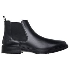 Dressy versatility and modern comfort combine stylishly in Skechers Miller - Boris. This Classic Fit Chelsea style boot features a smooth leather upper with a square toe, twin gore panels for pull-on ease of wear, and a cushioned Skechers Air-Cooled Memory Foam insole. | Skechers Men's Miller - Boris Boots | Medium Width | Skechers Air-Cooled Memory Foam cushioned insole | Skechers Classic Fit | Pull-on Chelsea boot with smooth leather upper | Square toe and twin gore panels | Flexible traction Medium Width Slip-on Leather Boots, Black Slip-resistant Work Boots With Plain Toe, Medium Width Slip-on Boots With Leather Footbed, Leather Waterproof Slip-on Boots With Steel Toe, Medium Width Slip-on Chelsea Boots With Leather Footbed, Summer Clearance Sale, Lace Up Wedges, Shoes Flats Sandals, Skechers Women