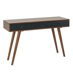 a wooden desk with two drawers on one side and an open drawer on the other