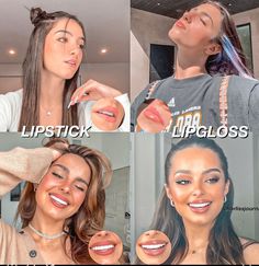 four different pictures showing how to apply lip glosses on your lips and the same woman's face