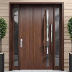 the front door to a house with two planters