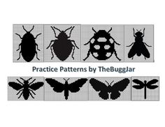 cross stitch pattern with four different bugs and one bug on the same side, in black and white