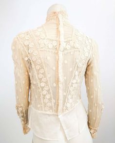 For Sale on 1stdibs - Edwardian Polka Dot Sheer Lace Blouse. Machine faux Irish crochet lace. Upcycled Wedding Dress, Edwardian Gowns, Lace Ideas, Edwardian Blouse, Historic Fashion, Amazing Clothes, Dark Autumn, Feminine Fashion, Irish Lace Crochet