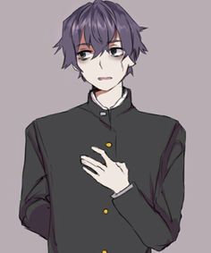 an anime character with purple hair wearing a black shirt and gold buttons on his chest