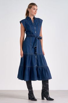 Midi Cap Sleeve Dress Dresses Elan Denim Dress Fall, Designer Maxi Dress, Flounce Skirt, Denim Midi Dress, Tie Waist Dress, Cardigan Sweater Dress, Denim Shirt Dress, Capped Sleeve Dress, Veronica Beard