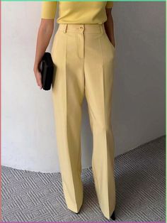 Wide Leg Pants Short Women, Trendy Full-length Office Pants, Trendy Full Length Pants For Office, Trendy Full Length Office Pants, Yellow High-waisted Workwear Pants, High Waist Yellow Pants For Work, Casual Yellow Bottoms For Office, Yellow Office Bottoms For Summer, Trendy Yellow Straight Leg Pants