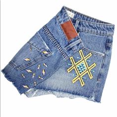 High Waist Denim Shorts With Embroidery Throughout. Frayed Bottoms, Great Denim! High Waist Denim Shorts, Tie Dye Denim, Low Waist Jeans, High Waist Denim, Mid Rise Shorts, Denim Cutoff Shorts, Distressed Jean Shorts, Denim Cutoffs, Cut Off Jeans