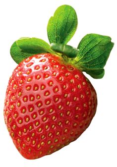 a close up of a strawberry with leaves on it's top and bottom half