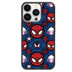 an iphone case with spiderman faces on blue and red background, the phone has two cameras attached to it