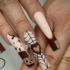 Fall Design Almond Nails, Extra Halloween Nails, Fall Nails Ideas Acrylic Autumn, Fall Halloween Nail Designs, Salem Nails, Almond Fall Nails Design, Brown Halloween Nails, Nude Halloween Nails, Fall Inspo Nails