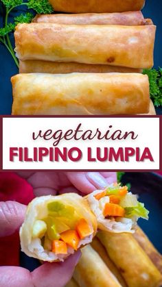 there is a person holding some food in their hand and the words vegetarian filipino lumpa on it