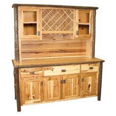 a wooden hutch with glass doors and drawers on the front, made out of wood