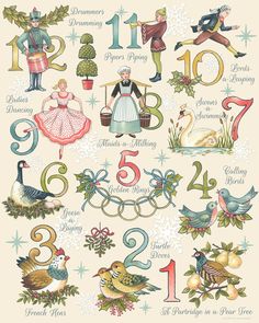 the numbers are decorated with different types of decorations and people in costumes, including swans, geese