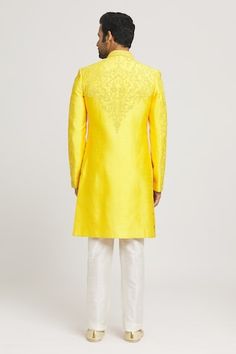 Yellow sherwani with floral tonal, dori embroidery and sequin highlights. Comes with cream pant. - Aza Fashions Cream Pant, Dori Embroidery, Cream Pants, Embroidered Silk, Yellow Floral, Aza Fashion, Sequin, Highlights, Silk