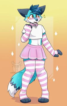 a drawing of a fox wearing a pink and white striped outfit, holding a cell phone to her ear