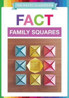 the book cover for fact family squares, with colorful paper origami on it