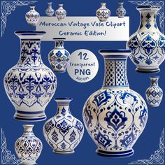 blue and white vases are displayed in front of a sign that says moroccan vintage vase clipart ceramic edition