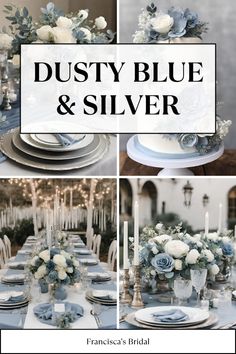 a collage of photos with the words dusty blue and silver