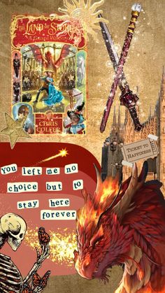 a collage of images with an image of a dragon, skeleton and other items