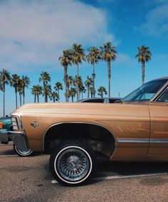 a tan car parked in a parking lot next to palm trees