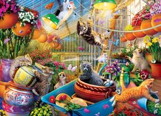 a painting of cats in a flower shop surrounded by potted plants and hanging lights