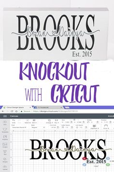 two different font styles are shown in this graphic design workbook, with the words knockout with cricut and brooks est 2013