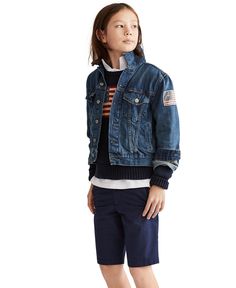 With its lightweight denim and American flag patch, this rugged trucker jacket will take him through the seasons in true Polo Ralph Lauren style. Lightweight Denim Jacket, American Flag Patch, Denim Trucker Jacket, Ralph Lauren Style, Boys Denim, Denim Day, Plus Size Activewear, Kids Coats, Denim Cotton