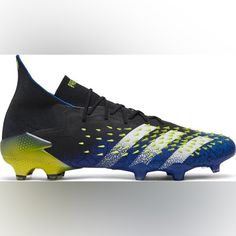 the adidas soccer shoe is designed to look like it has yellow and blue accents