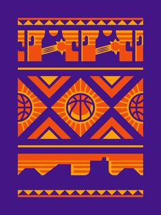 an orange and purple pattern with basketballs on it