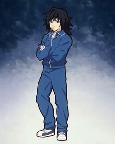 an anime character standing in the snow with his arms crossed and headphones up to his ear