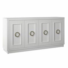 a white cabinet with three doors and two handles on each side, in front of a white background