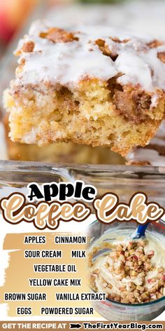 a close up of a piece of cake with icing on it and an advertisement for apple coffee cake