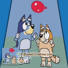 two cartoon characters are standing next to each other in front of a blue sky and red balloon