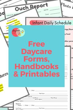 the free day care forms, handbooks and printables are on top of each other