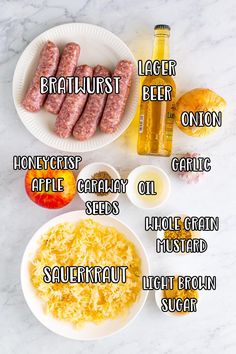 the ingredients to make this recipe include eggs, sausages, and other items on a plate