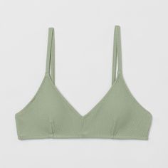 Lined, Soft-Cup Bikini Top With A Textured Finish. Narrow, Adjustable Shoulder Straps, V-Neck, And Cups With Removable Inserts For Shaping And Good Support. Adjustable Plastic Hook Fastener At Back. New With Tags Size Us6, Eur 38 Seamless V-neck Beach Bra, Seamless Green Bra For Beach, Beach Green Seamless Bra, Green Seamless Bra For Beach, Seamless V-neck Bra For The Beach, Green Bra For Beach, Green Triangle Top Bra For Summer, V-neck Seamless Swimwear For Sunbathing, Green Underwire Bra For Summer