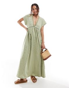 ASOS DESIGN v neck short sleeve midi dress with eyelet in green | ASOS Green Midi-length V-neck Summer Dress, Green Midi V-neck Dress For Summer, Green Midi Length V-neck Beach Dress, Chic Green Short Sleeve V-neck Dress, Chic Green V-neck Short Sleeve Dress, Green Short Sleeve V-neck Dress, Spring Green Short Sleeve V-neck Dress, Spring Green V-neck Dress With Short Sleeves, Green Short Sleeve V-neck Dress For Spring