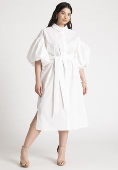 Balloon Sleeve Shirt Dress Black Older Women, Shirt Dress For Women, Balloon Sleeve Shirt, Button Up Shirt Dress, White Button Up Shirt, Shirt Dress Black, Plus Size Fits, Dress Shirt Sleeves, White Button Up