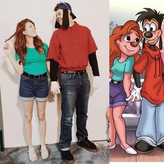 two people standing next to each other in front of cartoon characters and an image of the same person