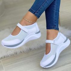 Category:Sneakers; Upper Materials:Mesh; Season:Spring,Summer,Fall; Heel Type:Wedge Heel; Gender:Women's; Activity:Walking; Toe Shape:Round Toe; Style:Classic,Sporty,Casual; Heel Height(inch):1-2; Outsole Materials:Rubber; Occasion:Outdoor,Daily; Closure Type:Magic Tape; Pattern:Solid Colored,Color Block; Production mode:Self-produce; 2024 Trends:Plus Size,Slip-on Sneakers,White Shoes; Foot Length:; Foot Width:; Size chart date source:Provided by Supplier.; US Size:null; UK Size:14.5; EU Size:50 Cool Womens Sneakers, Roman Sandals, Summer Wedges, White Shoes Sneakers, Summer Sneakers, Sport Shoes Women, Cooler Look, Mesh Shoes, Tenis Casual