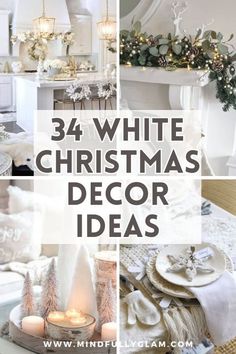 white christmas decor ideas with candles and decorations on the table, including wreaths and trees