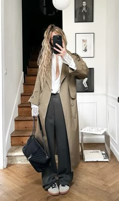 Samba Fashion, Swedish Style Fashion, Dark Academia Outfit Trench Coat, Matilda Djerf Trench Coat, Trench Coat Outfit Hailey Bieber, Trench Coat Outfit 2024 Fall, Sezane Trench Coat, Adidas Samba Outfit, Samba Outfit