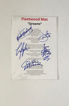 a piece of paper with autographs on it that reads fleetwood mac dreams